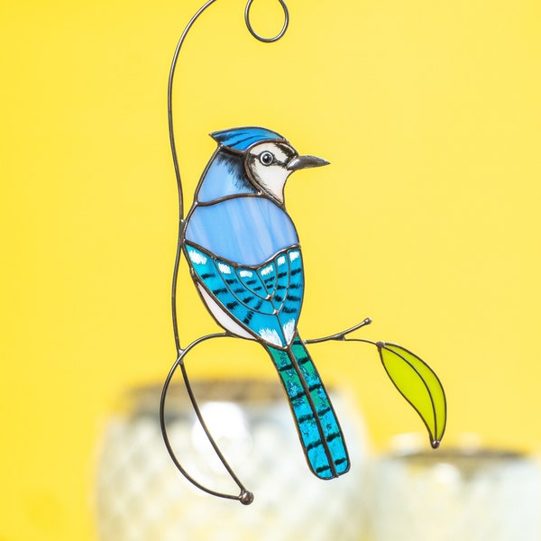 Geai bleu attrape-soleil oiseau en verre, cadeaux pour la fête des mères, vitrail moderne suspendu, décoration de jardin pour oiseau