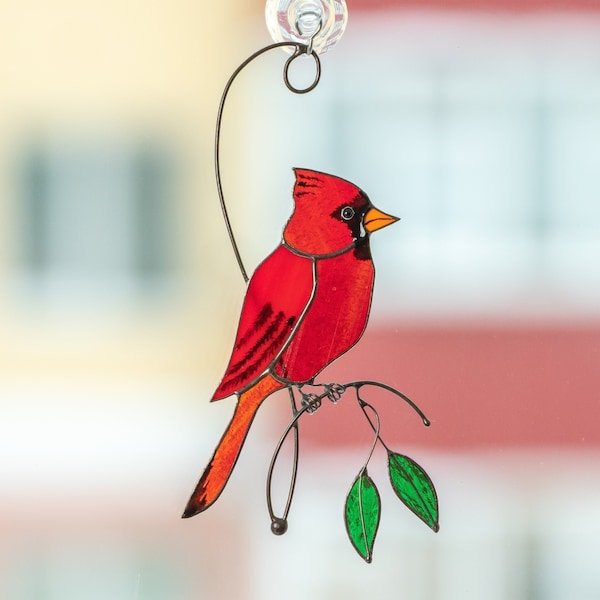 Attrape-soleil en vitrail Cardinal Cadeaux fête des Mères Vitrail oiseaux Attrape-soleil Cardinal Mangeoire à oiseaux Décor Cadeaux Cardinal