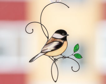 Chickadee Stained Glass Window Hangings Mothers Day Gifts Stained Glass Bird Suncatcher Modern Stained Glass Decor