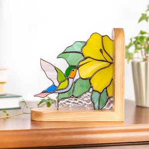 Book Ends Hummingbird Stained Glass Panel Housewarming Gift Stained Glass Flower Suncatcher Book Shelf Decor Stained Glass Birds