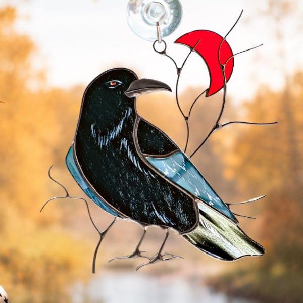 Raven Stained Glass Suncatcher, Red Crescent Moon Window Hanging, Witchy Decor