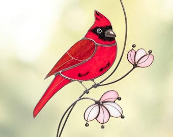 Cardinal Stained Glass Window Hangings Gift For Grandma Memorial Suncatcher Cherry Blossom