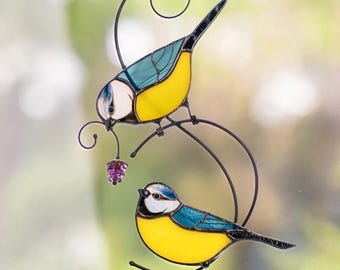 Chickadee Stained Glass Window Hangings Great Grandma Gift Bird Suncatcher Patio Decor