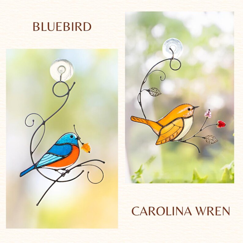 variation of stained glass bird suncatchers - Bluebird and Carolina Wren
