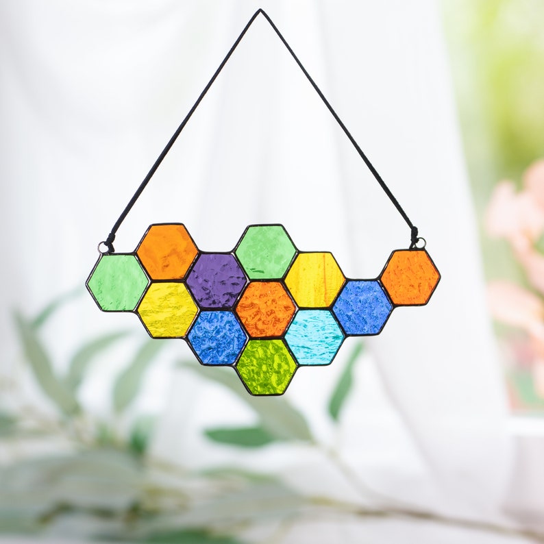 Handcrafted honeycomb stained galss window hanging as a gift for  beekeeping or sweet lovers