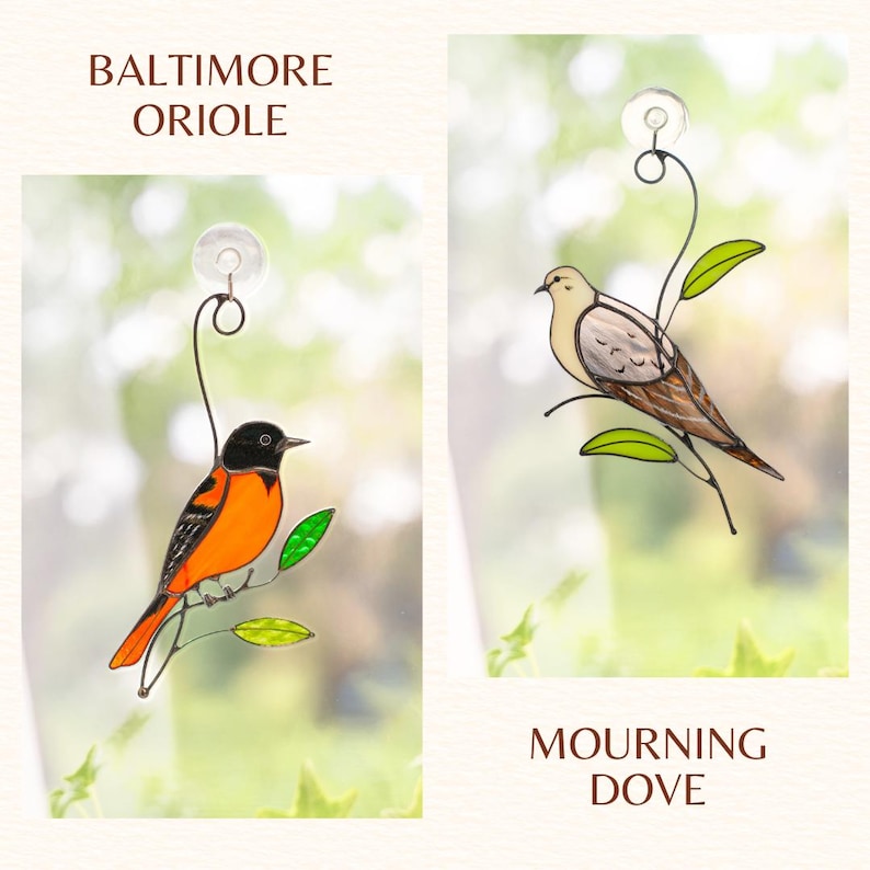 Collection of stained glass suncatchers with colorful birds and butterfly, each displayed against a soft, nature-inspired background with labeled species names.