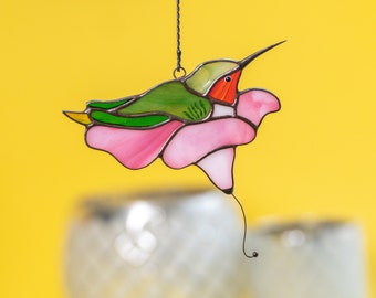 Flower Stained Glass Window Hangings Mothers Day Gifts Hummingbird Stained Glass Bird Suncatcher Hummingbird Gifts Humming Bird Feeder Decor