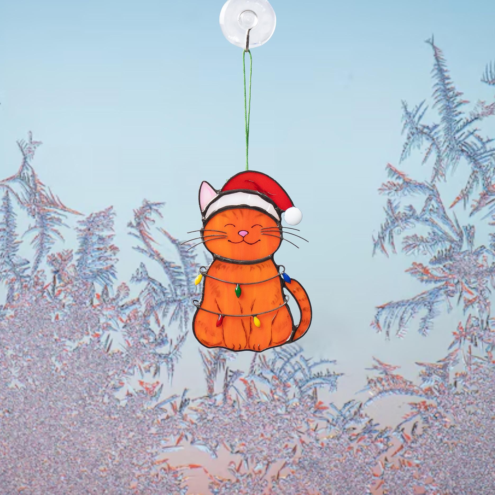 クリスマス猫ステンドグラス窓飾りおばあちゃんへのクリスマス