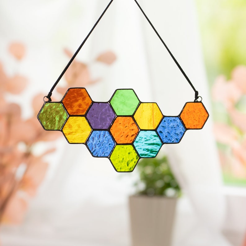 Honeycomb Stained Glass Window Hangings Mothers Day Gifts Honeybee Decor Bumble Bee Stained Glass Suncatcher Honeycomb Wall Decor image 1