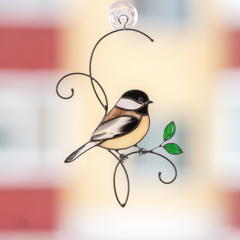 Chickadee Stained Glass Window Hangings Mothers Day Gifts Stained Glass Bird Suncatcher Modern Stained Glass Decor image 1