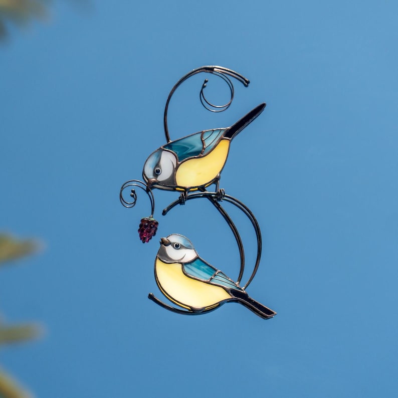 Stained glass blue tits suncatcher