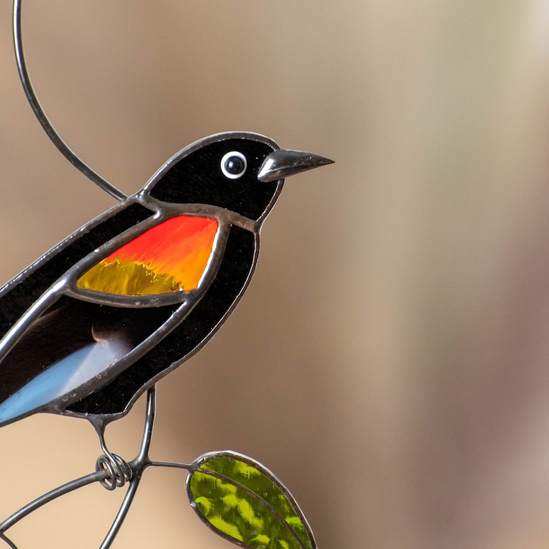 Red winged blackbird glass art