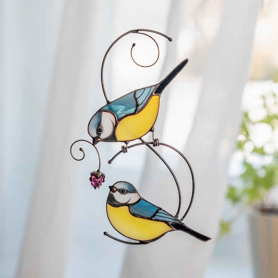 Custom Stained Glass Birds Suncatcher Mother In Law Gift Chickadee Stained Glass Window Hangings Bird Wall Decor