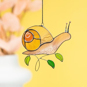 Snail Sitting on Leaves Stained Glass Suncatcher