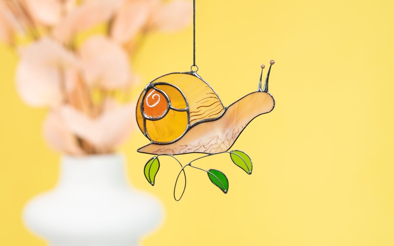 Snail Sitting on Leaves Stained Glass Suncatcher