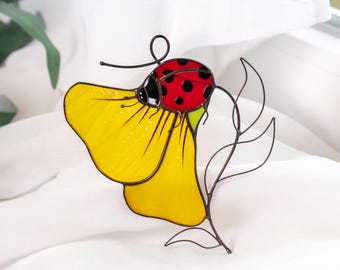 Lady Bug Stained Glass Suncatcher Nature Lover Gift Modern Stained Glass Window Hangings Lady Bug Painting Custom Stained Glass Gift for Her