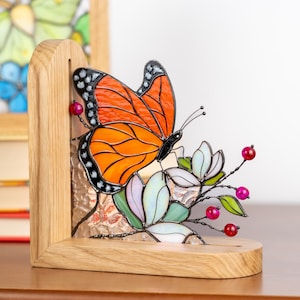 Book Ends Stained Glass Monarch Butterfly Wall Art Stained Glass Butterfly Artwork Gift for Her Stained Glass Panel Book Lover Gift