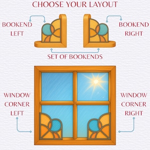 Display showing stained glass bookends available as left, right, or matching set, also suitable for window corners.