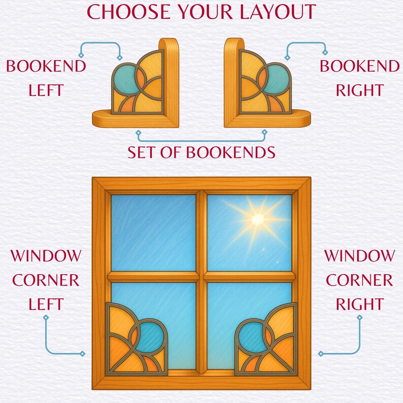 Display showing stained glass bookends available as left, right, or matching set, also suitable for window corners.