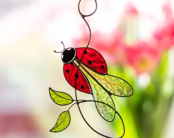 Ladybug stained glass window hangings Mothers Day gifts Modern stained glass suncatcher
