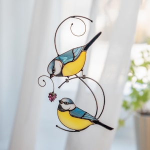 Custom Stained Glass Birds Suncatcher Anniversary Gift Chickadee Stained Glass Window Hangings Bird Wall Decor