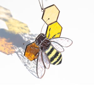 Honeybee Stained Glass Window Hangings Housewarming Gift Honeycomb Stained Glass Suncatcher Fairy Garden Accessories Christmas Gifts