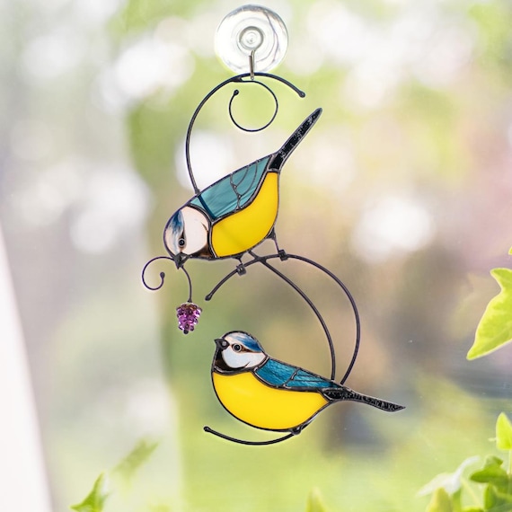 Chickadee Stained Glass Window Hangings Great Grandma Gift Bird Suncatcher Patio Decor