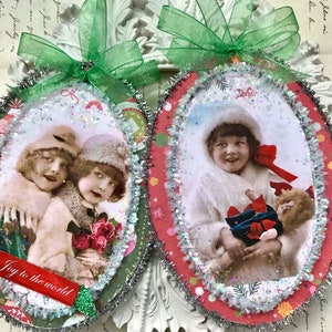 Victorian French Postcard Christmas Ornaments - Set of 2
