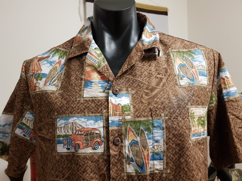 Mens brown Hawaiian shirt Bishop st apparel label surfboards diamond head woody wagon medium size