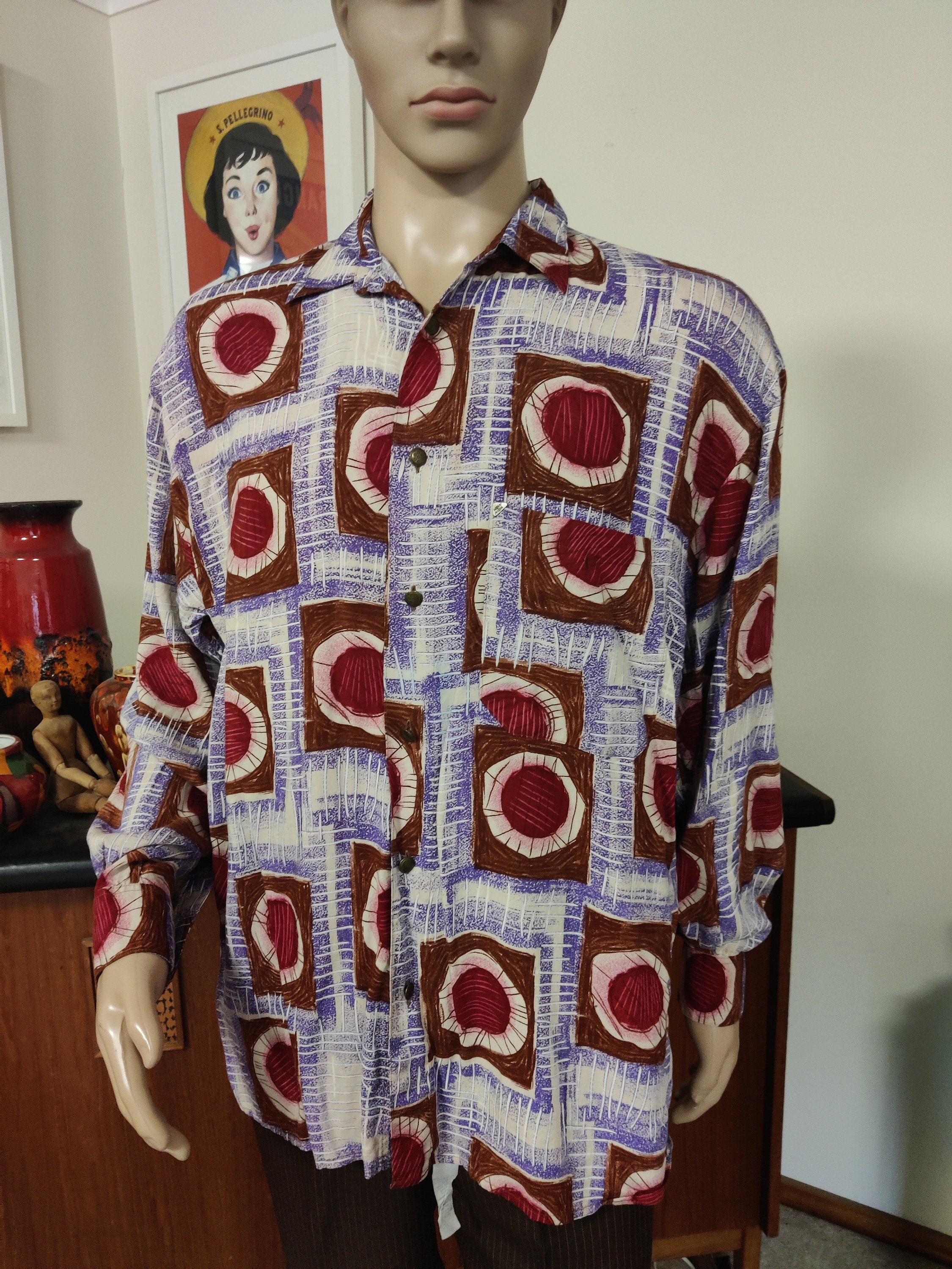 Mens Rayon Long Sleeve Shirt New Man Brass Buttons Wild Print XL 