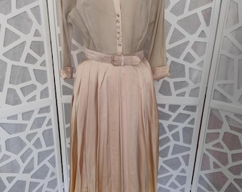 1940s rayon and liquid satin cocktail dancing dress pale peach and bone full skirt diamonte buttons waist 26in 66cm bust 34in 86cm