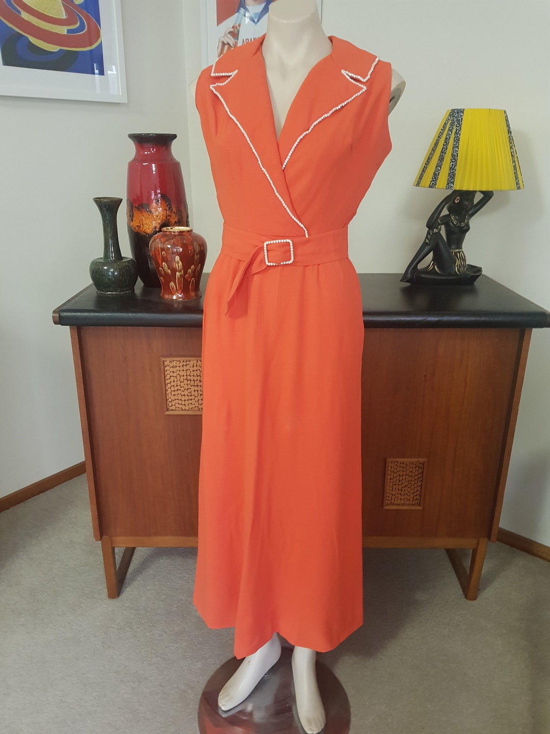 Orange Crepe Mary Charmaine 1960s Maxi Dress Diamonte Collar