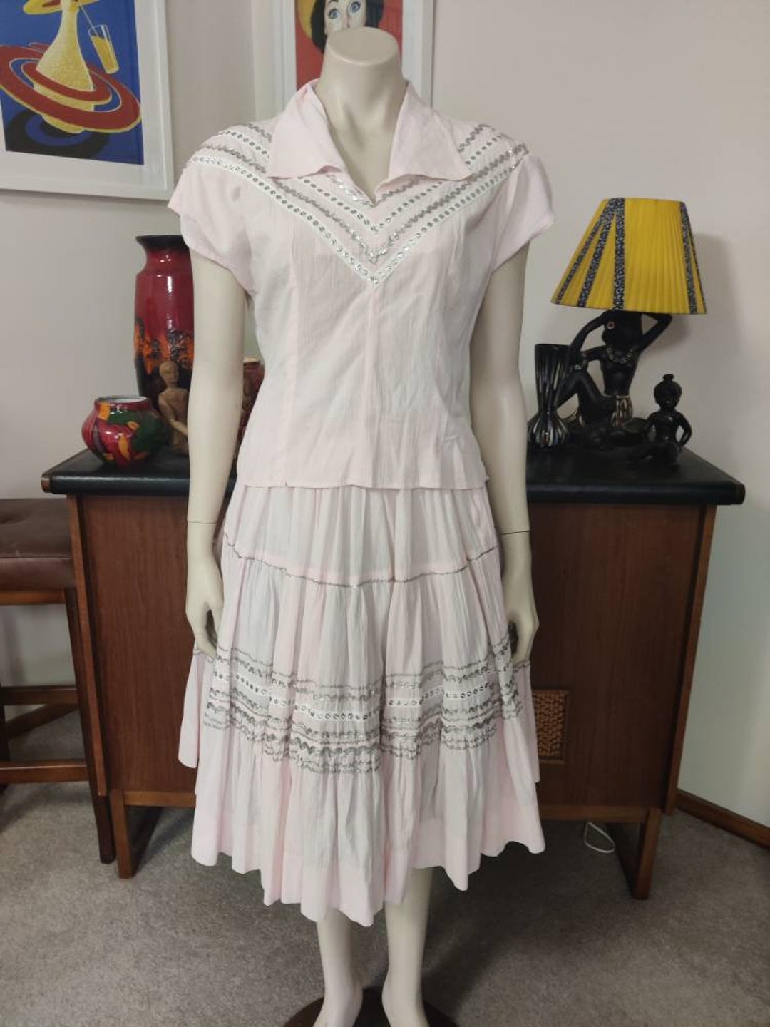 Suit With Ric Rac Pink and Silver Ric Rac Patio Suit Top Tiered Skirt Small to Medium ...