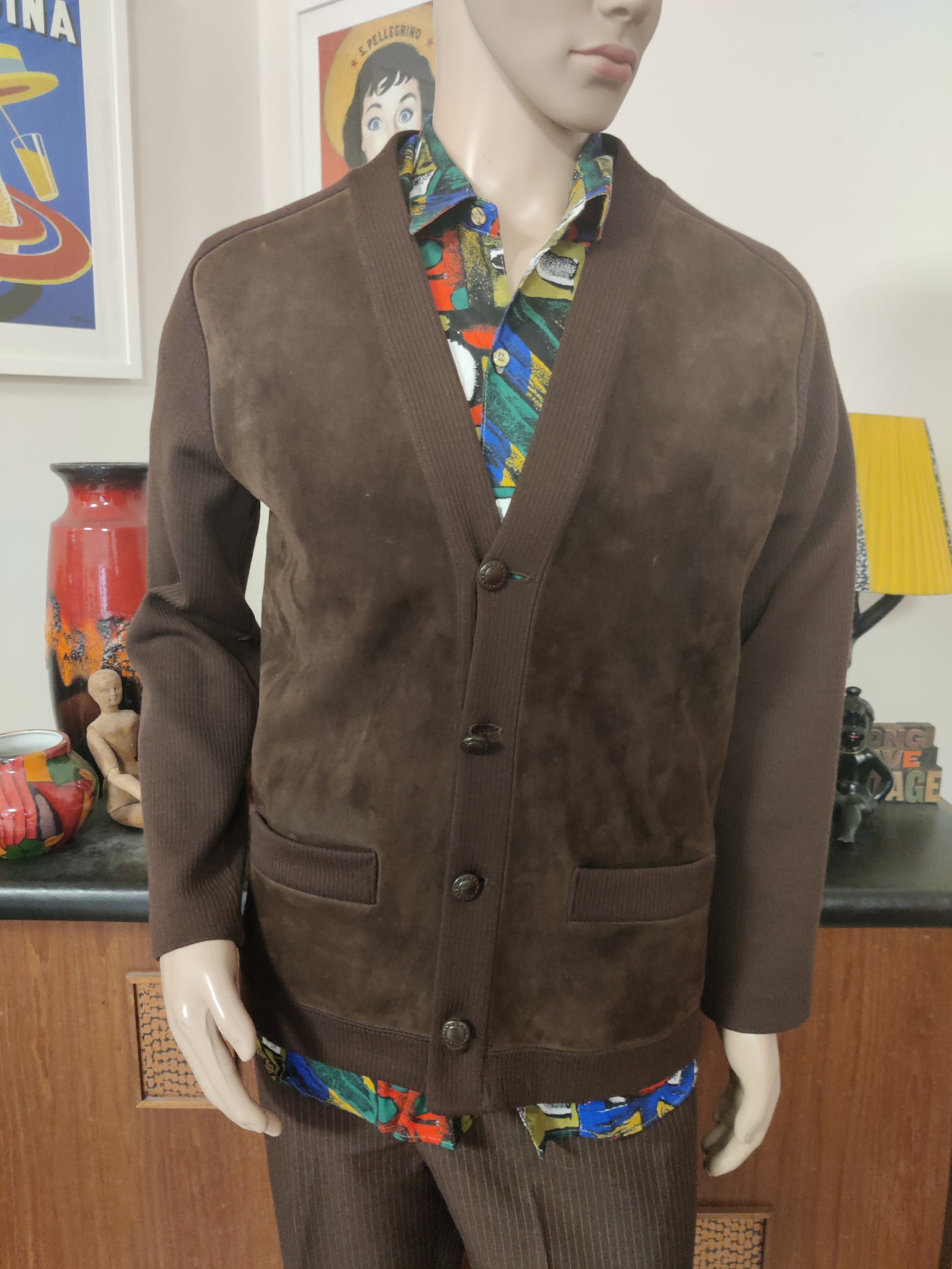 texanddaisyvintage Pierre Sangan Brown knit and Leather Cardigan Jacket Small Medium Chest 112cm