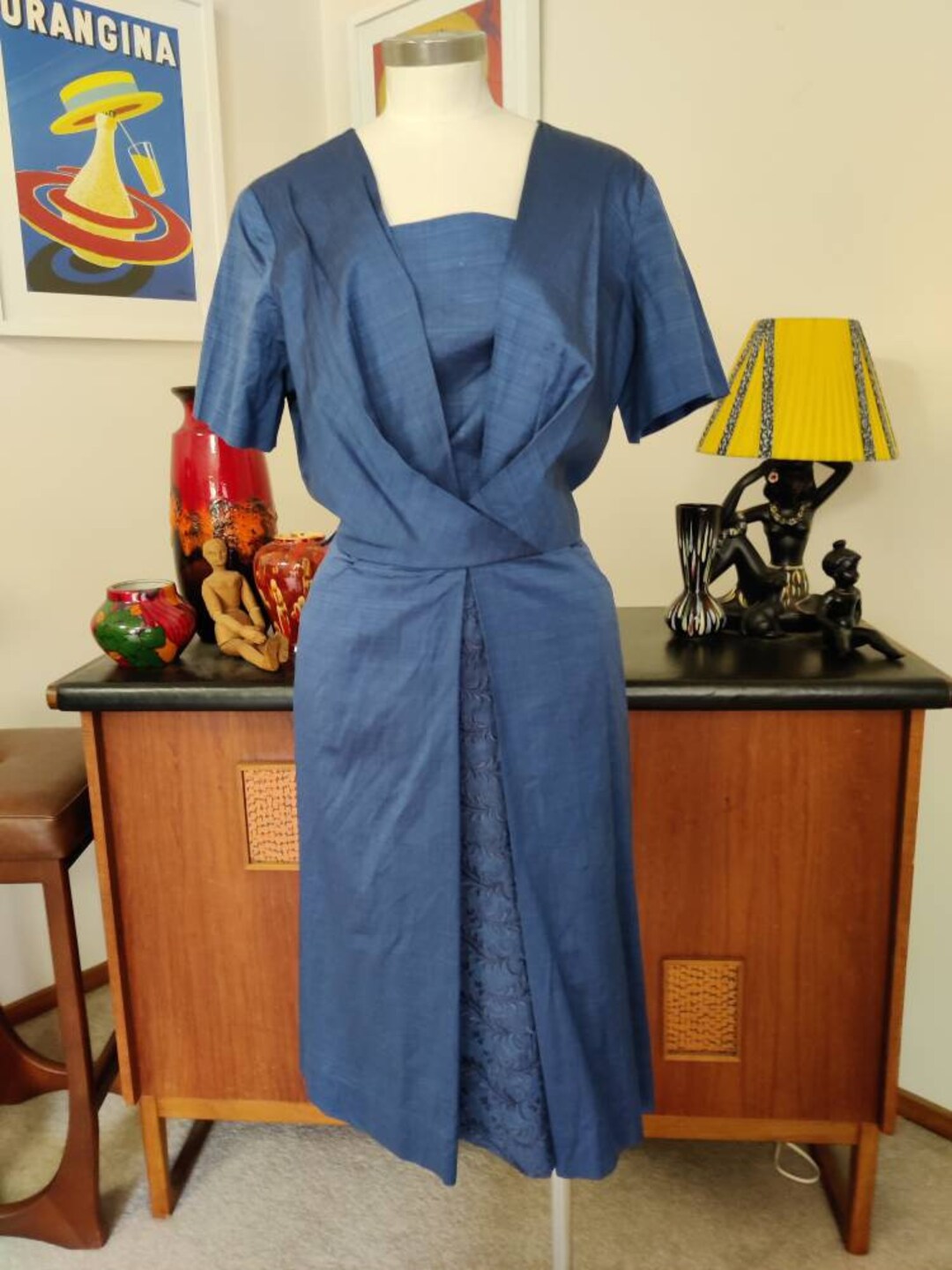 Three Star Label 1950s Egyptian Cotton Navy Day Dress Draped