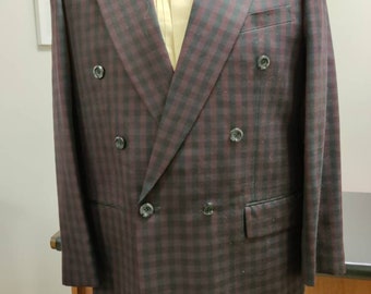 Burgundy and black check double breasted sports coat jacket 1980s chest 110cm