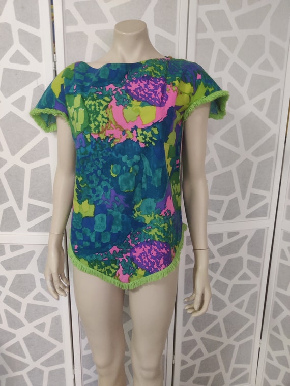 Deweese swimsuit cover 1970s lime pink and teal m… - image 1