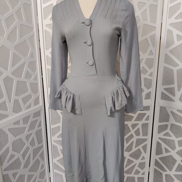 Early 1950s Leroy label  blue grey crepe figurine hugging dress extra small bust 76cm 30inch waist 64cm 24inch