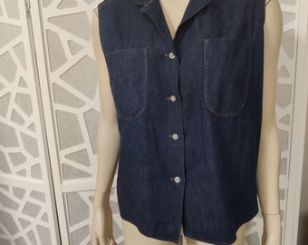 1960s dark blue cotton denim sleeveless 46inch 118cms shirt button front