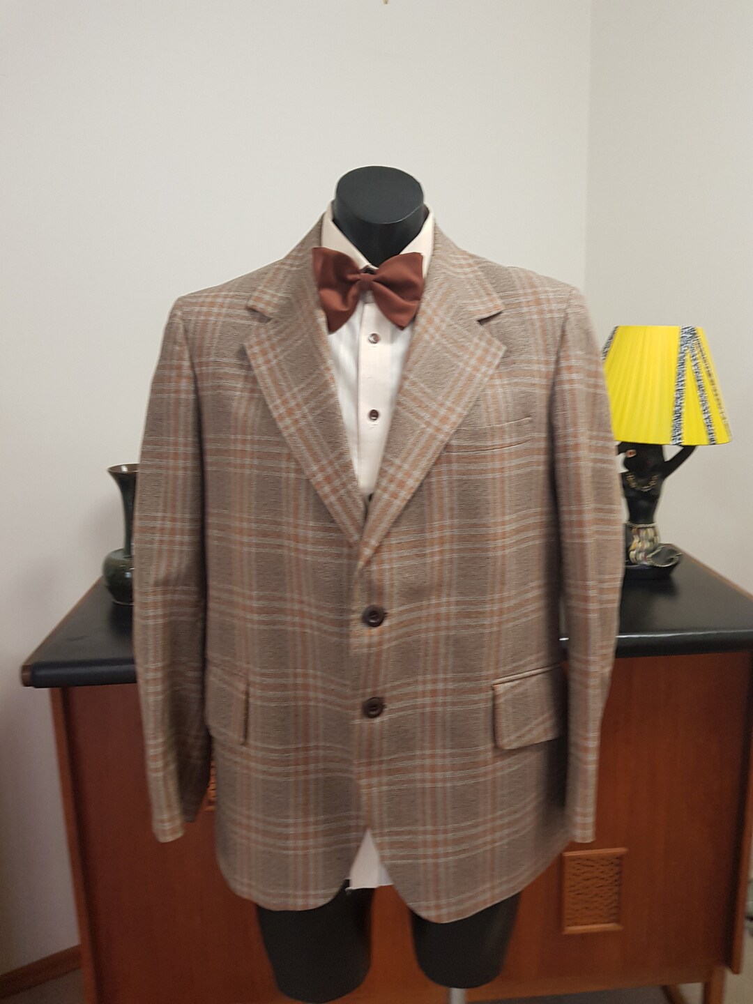 Mens Sports Coat Taupe Orange Check Plaid Wide Lapels Large Flap Pockets Chest 116cm Etsy Ireland