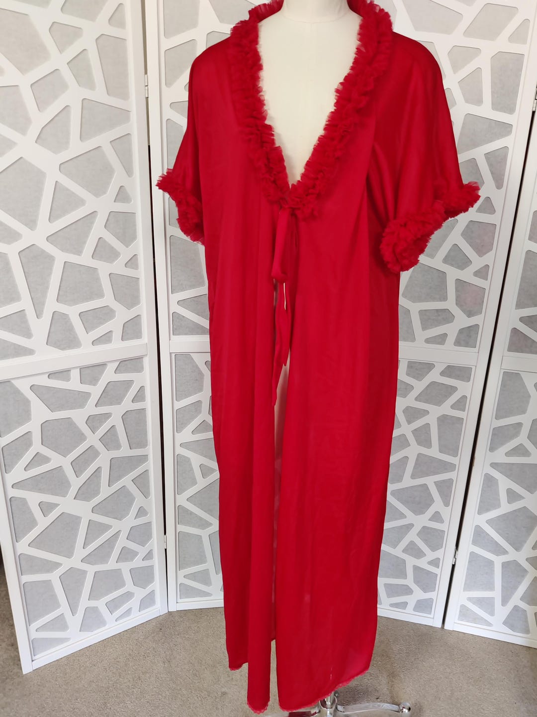 Clear Bright Red Nylon Robe Frill Sleeves Deep V Neck and Tie Calf ...