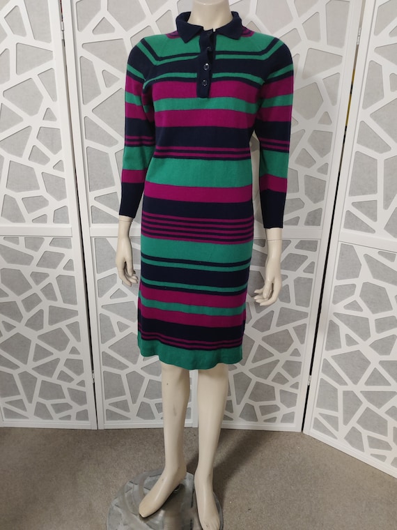 Green magenta black machine knit dress medium size bust 98cm 38inch