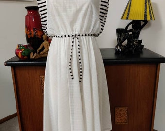 Jonathan Summers white semi sheer dress black white trim full skirt new old stock plus size 18 bust 110cm 43inch