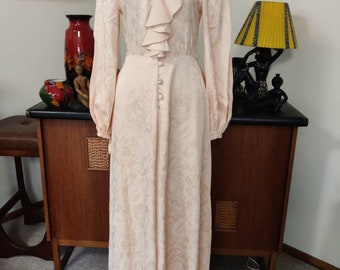 Late 1940s early 1950s peach satin crepe wedding dress ruffle neck buttons and loops ankle length extra small bust 86cm waist 62cm 24inch