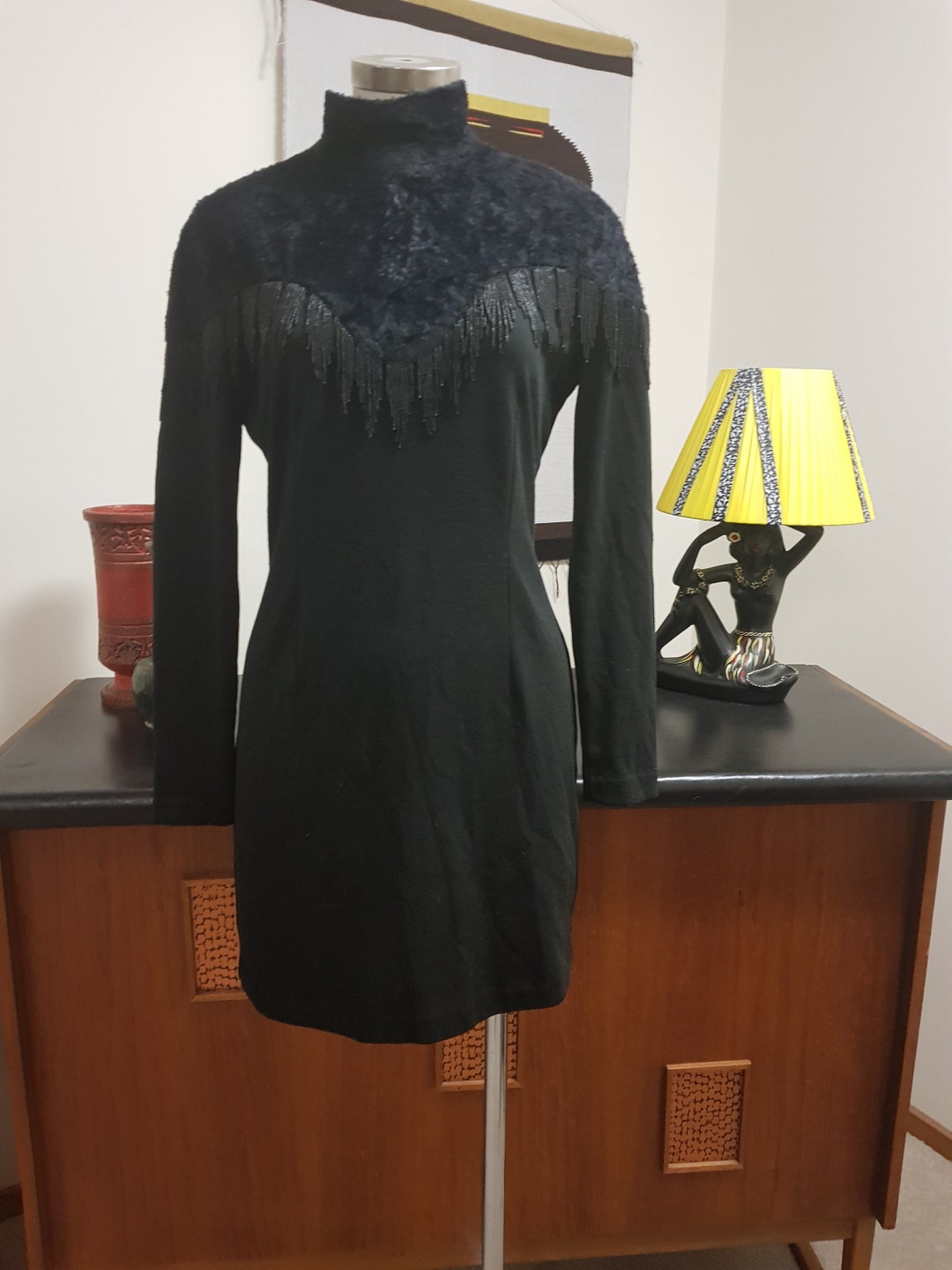 Rock Chick Black Jersy Dress With Velvet Yolk and Fringe Mini Lisa