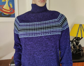 Royal blue fleck wool 5ply hand knit roll neck jumper blue pattern panel chest large 46inch 116cm 1