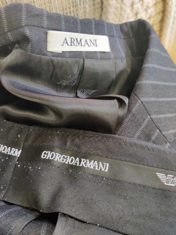 Giorgio Armani Black Pinstripe Suit Box Cut Three Button Jacket
