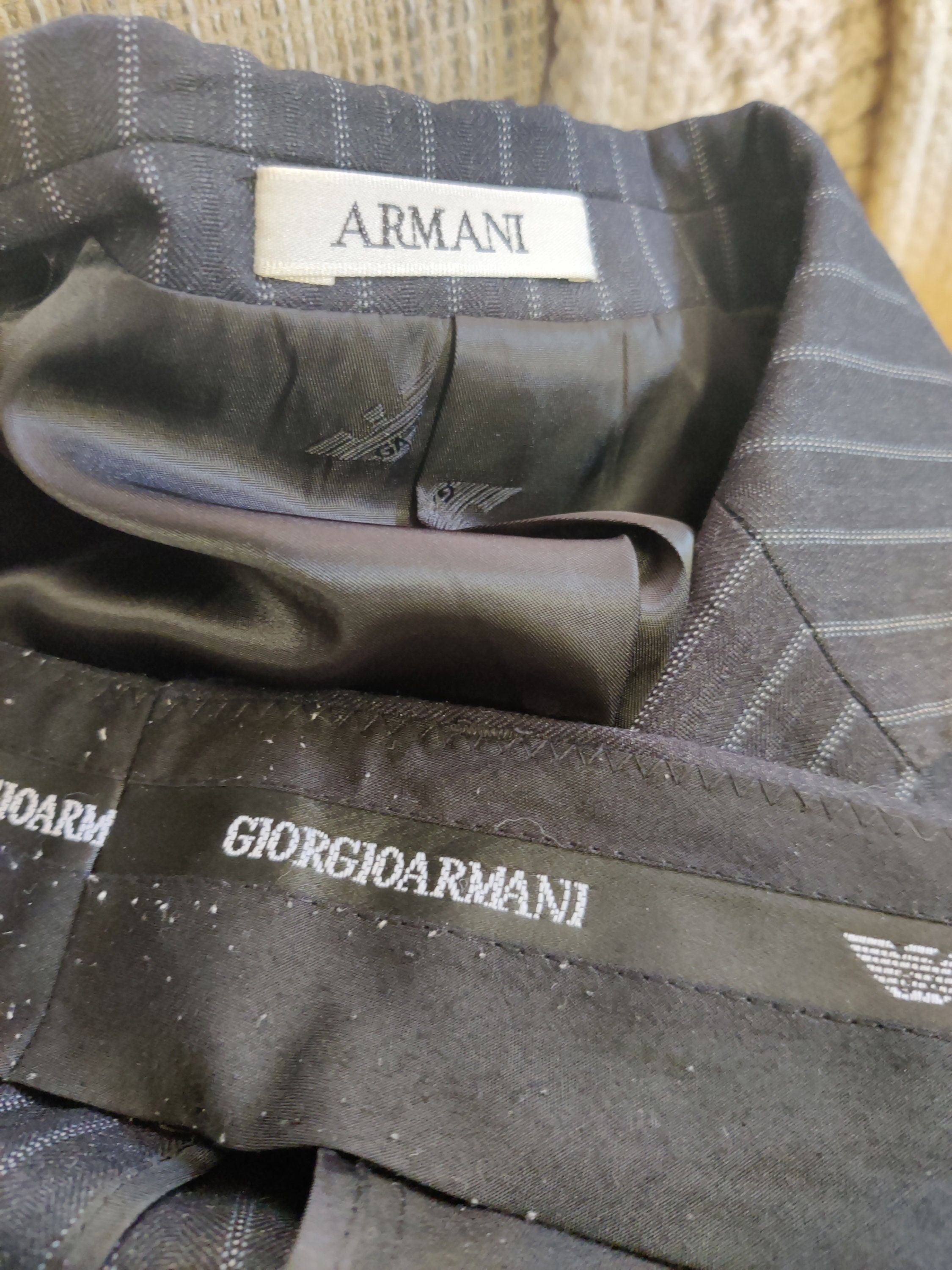 Giorgio Armani Black pinstripe suit box cut three button jacket straight pants waist 36inch 92cm chest 46inch 116cm