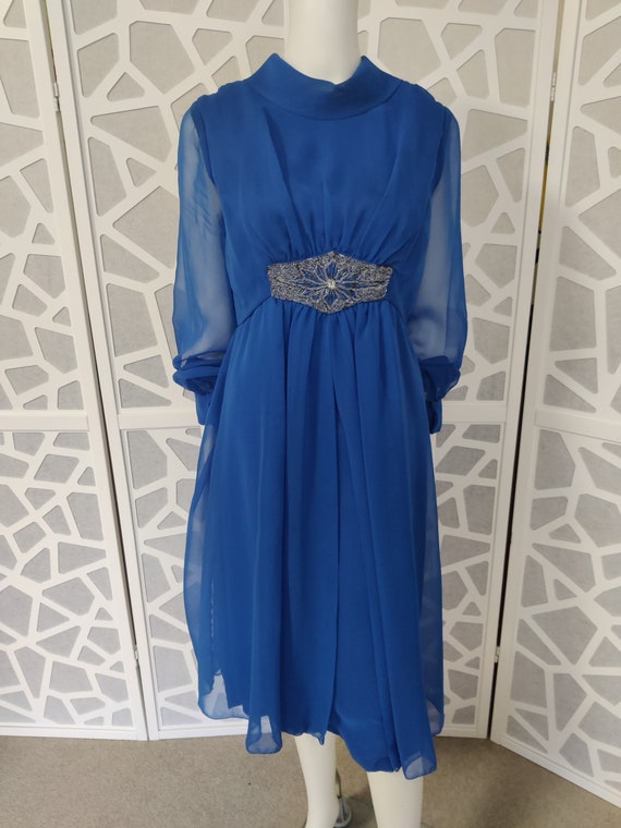 1960s Mary Charmaine Sapphire Blue Chiffon Dress Sheer Sleeves Beaded  Centre Small Bust 82cm 32 Inch - Etsy Canada