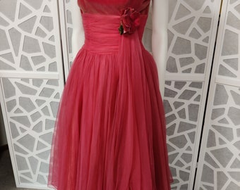 Coral velvet and chiffon prom dress shelf bust tuile underskirt small size bust 86cm 34inch waist 62cm 24inch